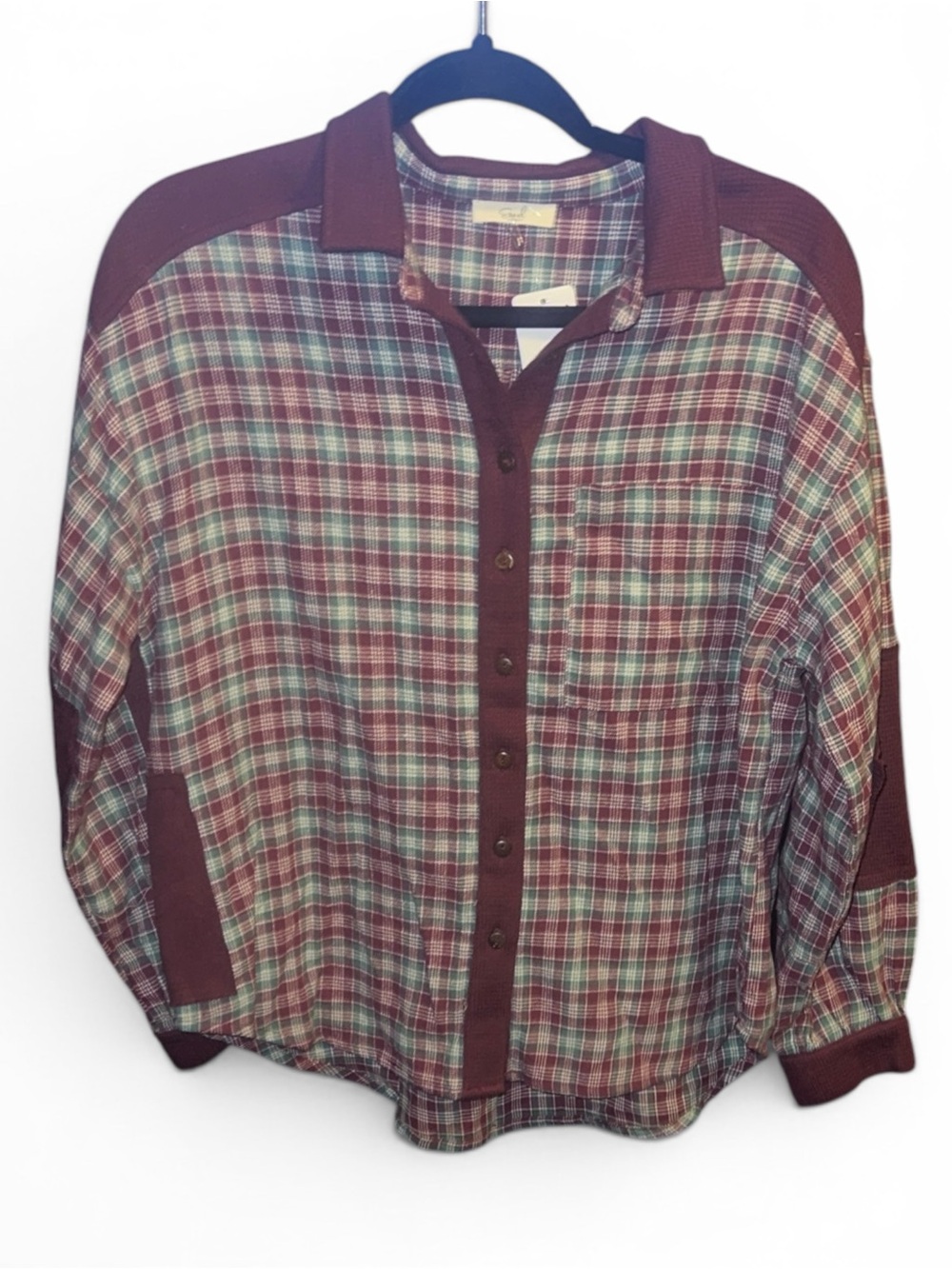 Easel SM Burgundy and Green Plaid Button-Down Shirt - Picture 2 of 5